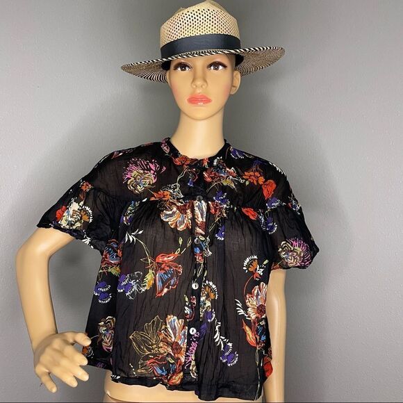 Free People Sweet Escape Floral Button Down Cropped Blouse Black Multi color Sm - Picture 3 of 14
